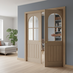 Premium Arched Square Top 4L Double Pocket Door System with Bevelled Glazing and Galvanised Steel Frame