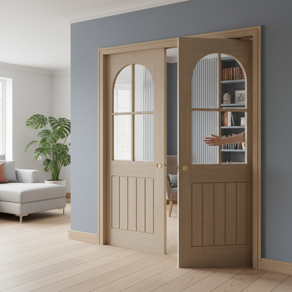 Premium Arched Square Top 4L Double Pocket Door System with Bevelled Glazing and Galvanised Steel Frame