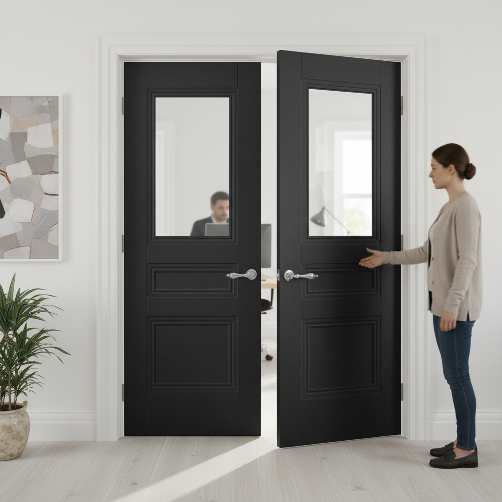 Premium Internal Black Primed Henley 2 Panel 1 Light Door Pair for Modern and Traditional Interiors