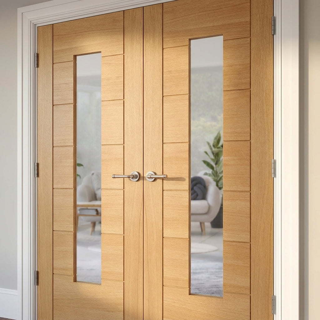 Internal Oak French Door Fully Finished with 1 Light Glazing - detail view