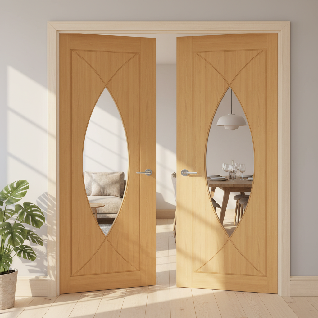 Premium Clear Glazed Oak Interior Door Pair with Solid Core and Toughened Glass - High-Quality Professional Grade for Industrial and Commercial App...
