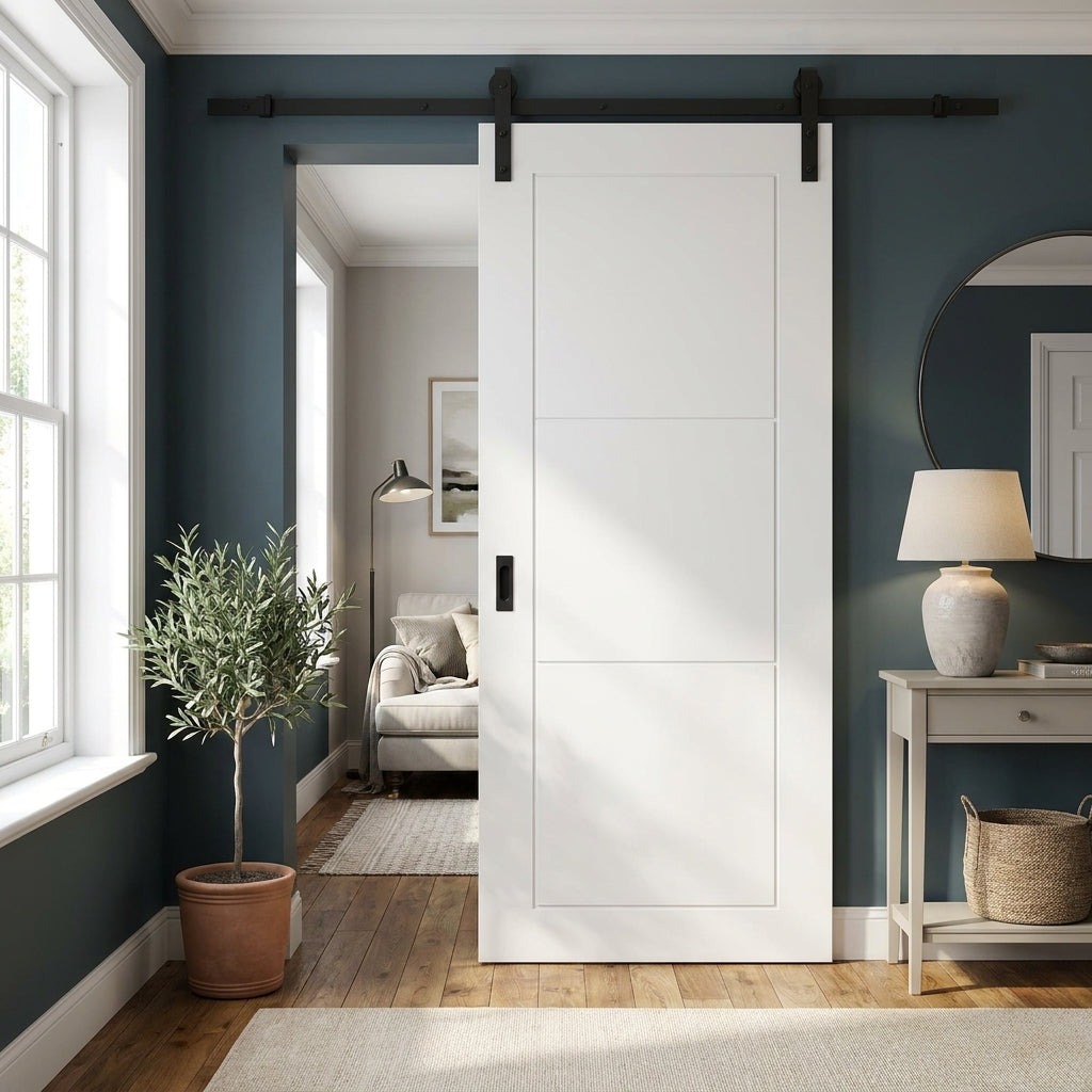White Internal Primed Sliding Door - Temple 3 Panel Design with Black Face Mounted