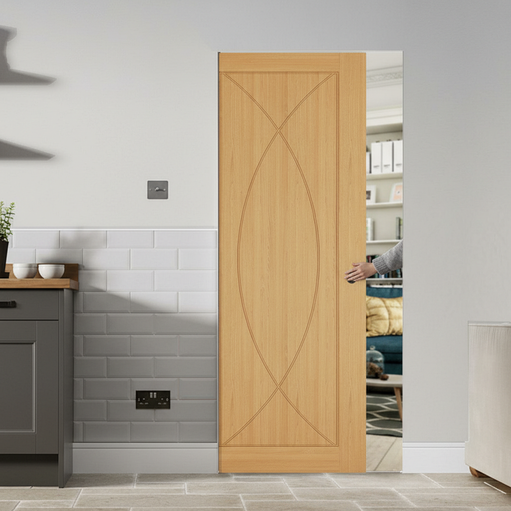 Premium Flush Pocket Door Set with Crown Cut Oak Veneer - Space Saving Design with No Bottom Track for Elegant Interiors