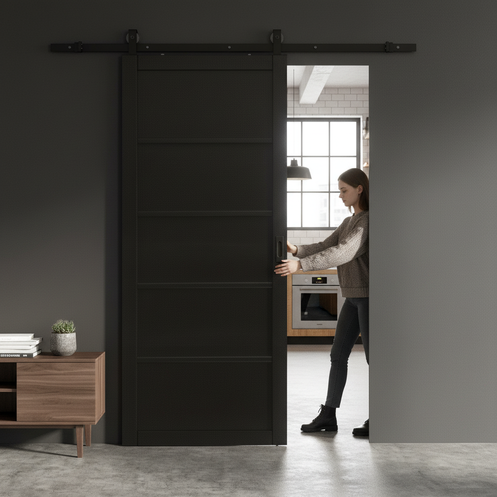 Premium Industrial Studio 5 Panel Door with Matt Black Top Mounted Track - Fully Finished for Easy Installation