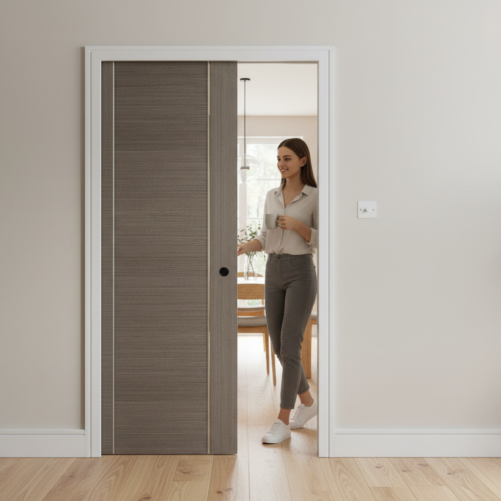 Heavy Duty Contemporary Pocket Door Set with Chocolate Grey Finish and Adjustable Frame for Seamless Interior Design