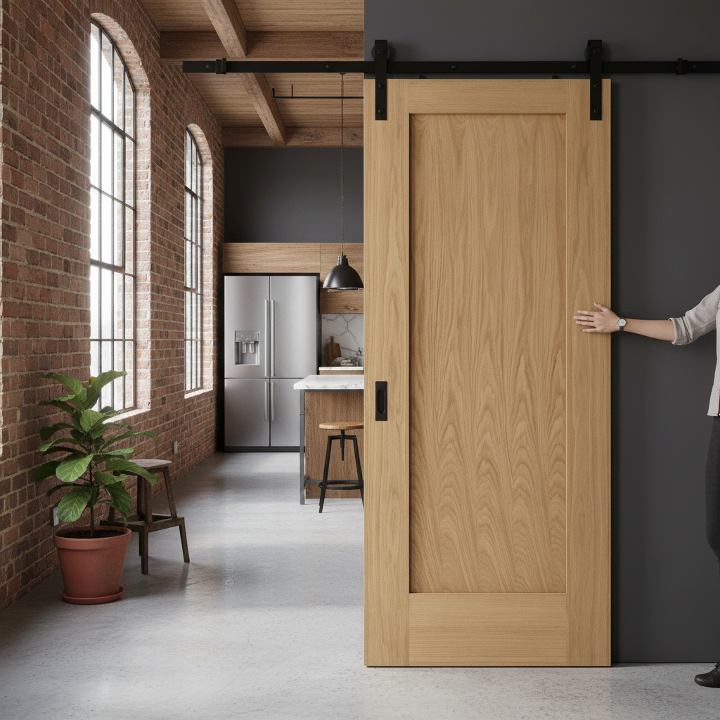 Premium Unfinished Oak Pattern 10 1P Sliding Door Set with Black Steel Track for Custom Interior Design