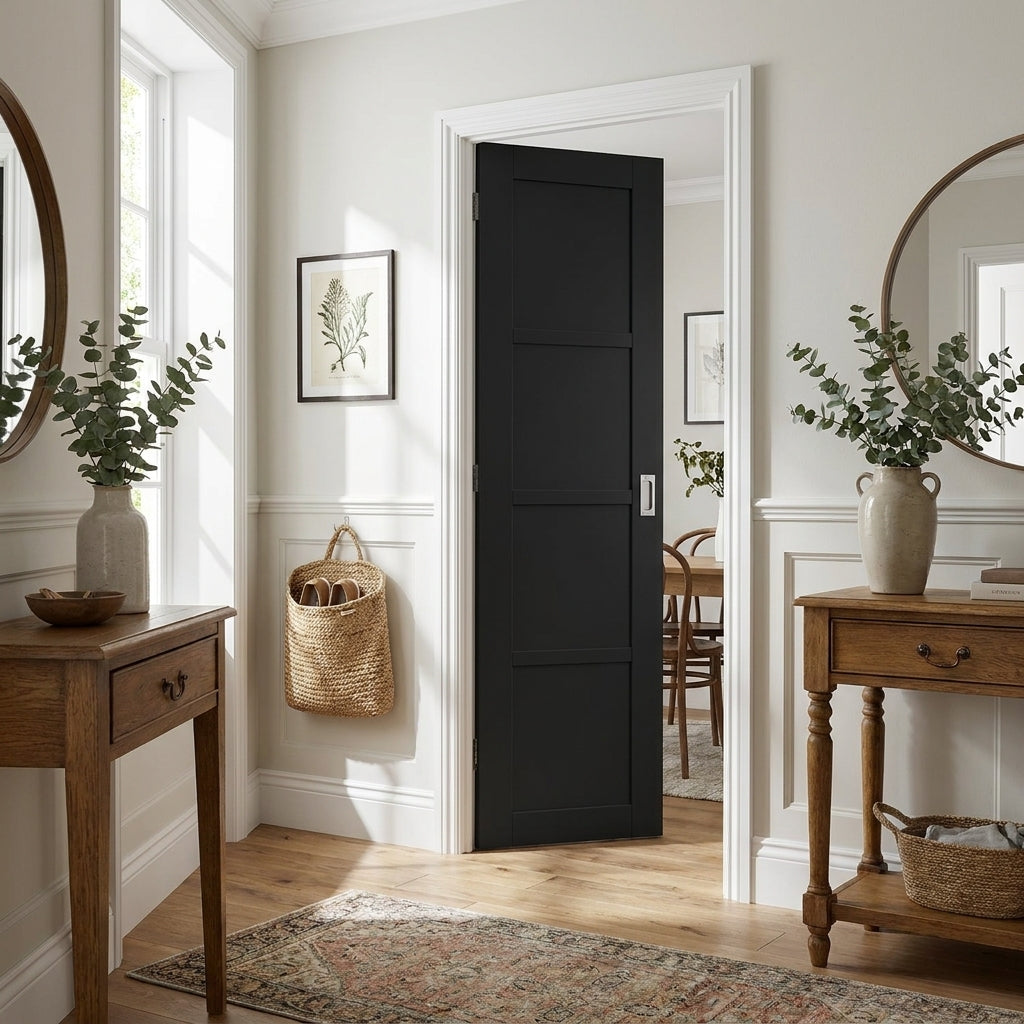 Internal Black Bi-fold Door, Solid 4 Panel, Fully Finished