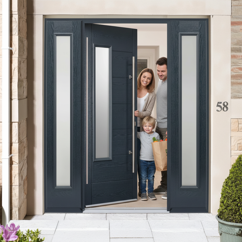 Premium Glazed Composite Grand Entrance Door with Frosted Side Panels, Easy Installation, and Low Maintenance Options