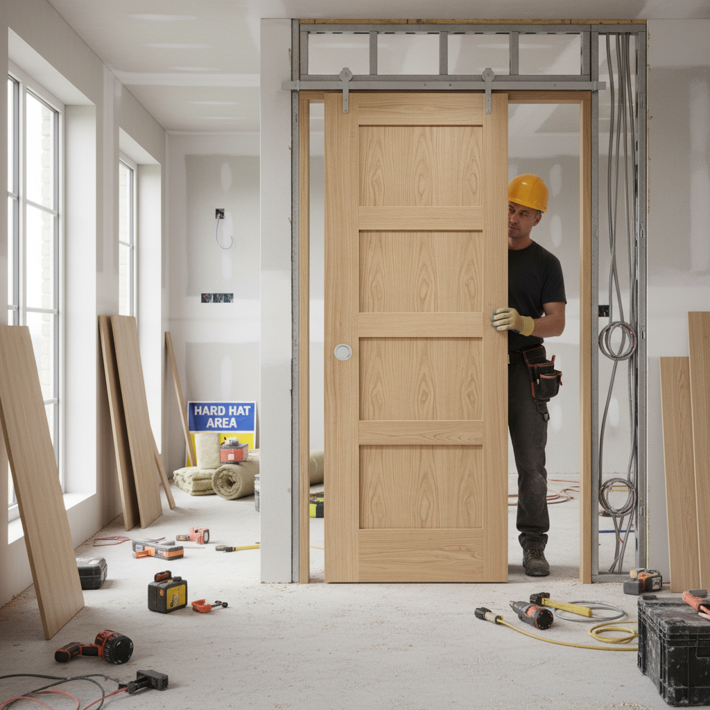 Premium 30 Minutes Fire Rated Pocket Door System with Oak Shaker 4 Panel Design and Galvanised Steel Frame