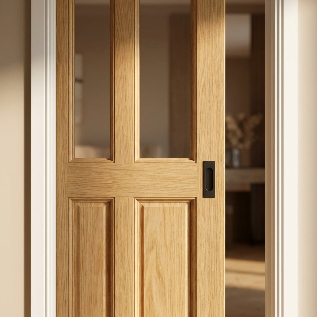 Internal Pocket Door Set 100mm Clear Pine Unfinished 2 Panel 2 Light Obscure Glass - detail view