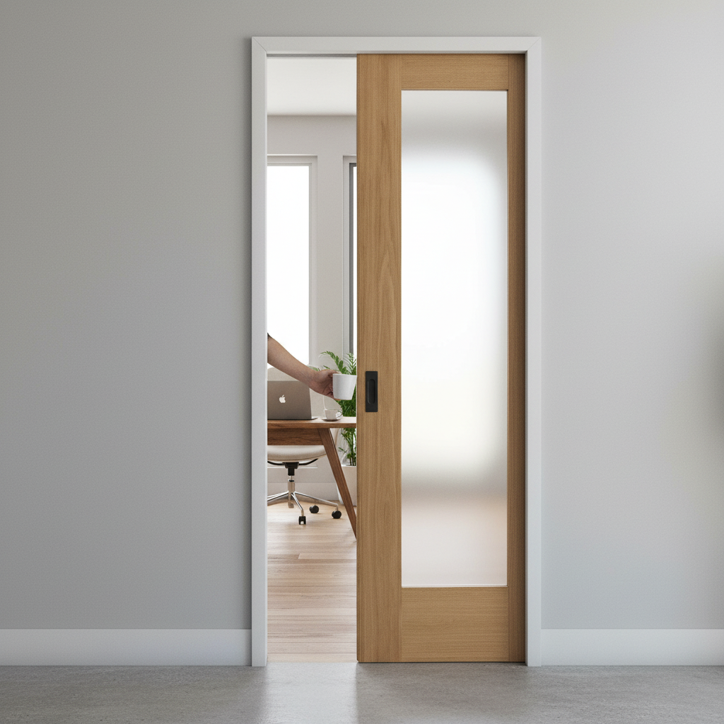 Oak Unfinished Pattern 10 1 Light Obscure Glass Framed Pocket Door Set - Modern Design for Privacy and Light Diffusion -...
