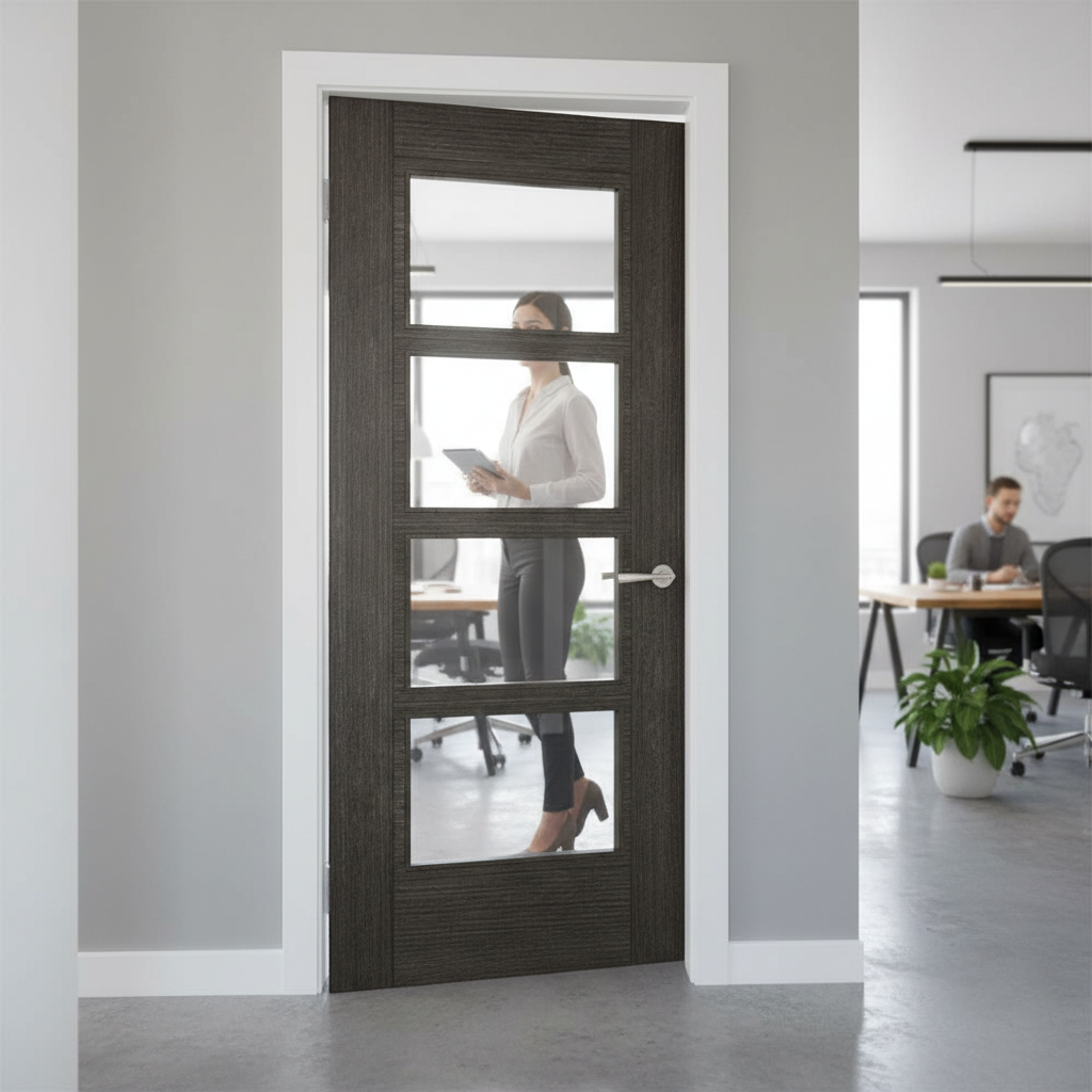 Premium Contemporary Dark Grey Ash Door with Clear Tempered Glass Panels for Natural Light Flow