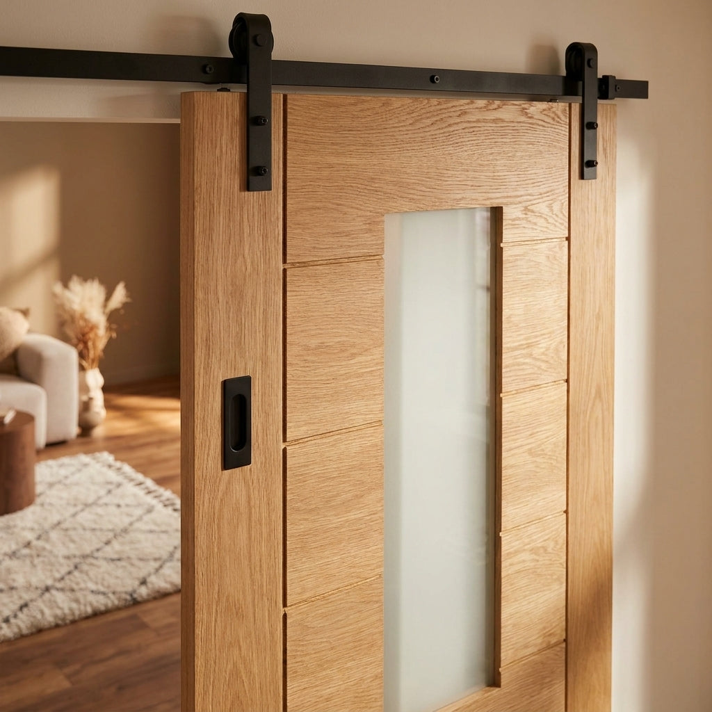 Internal Oak Sliding Door Fully Finished with 1 Light Clear Glass - detail view