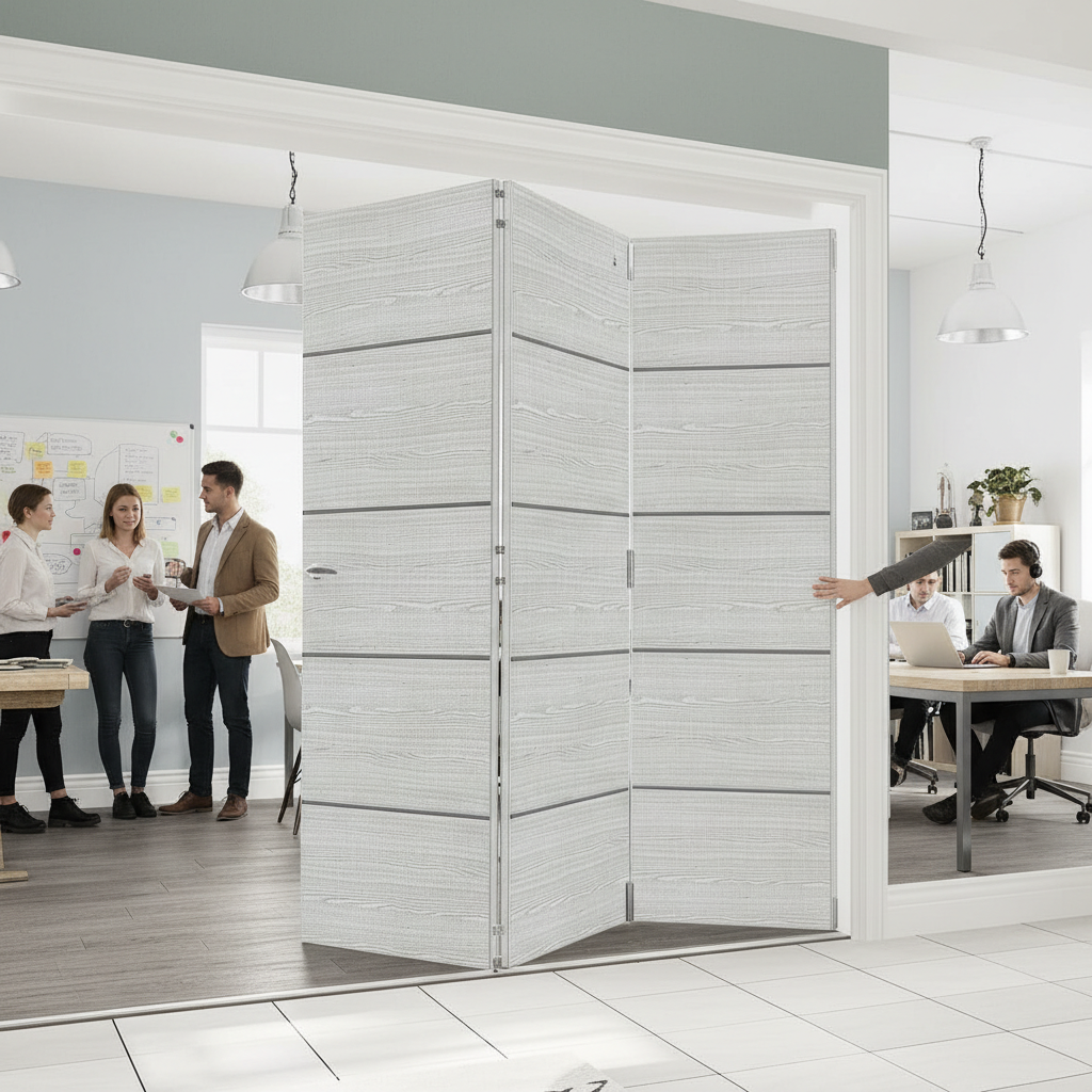 Premium Light Grey Ash Horizontal Inlay Room Divider with Top Hung System for Seamless Space Division