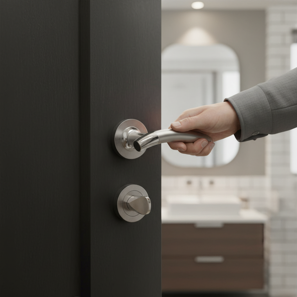 Lever On Round Rose Bathroom Handle Set with Chrome Hinges and Standard Lock for Stylish Bathroom Design - Image 2