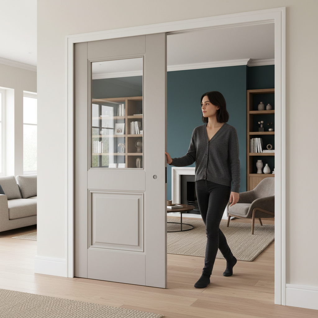 Premium Telescopic Pocket Door System with Clear Bevelled Glazed Panel and Wooden Jamb Kit for Elegant Spaces