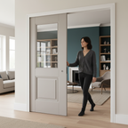 Premium Telescopic Pocket Door System with Clear Bevelled Glazed Panel and Wooden Jamb Kit for Elegant Spaces