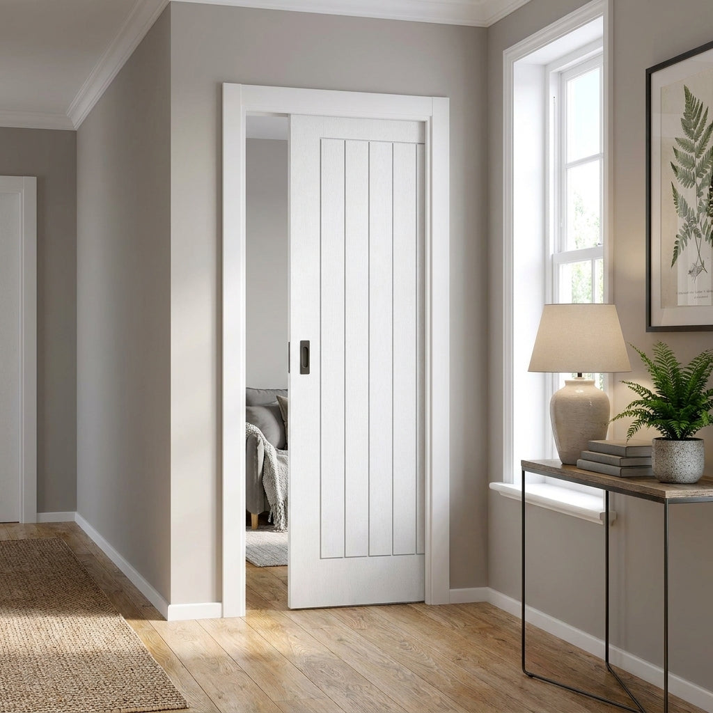 FD30 Fire Resistant Internal Pocket Door Set, White Moulded, 100mm, Primed Finish