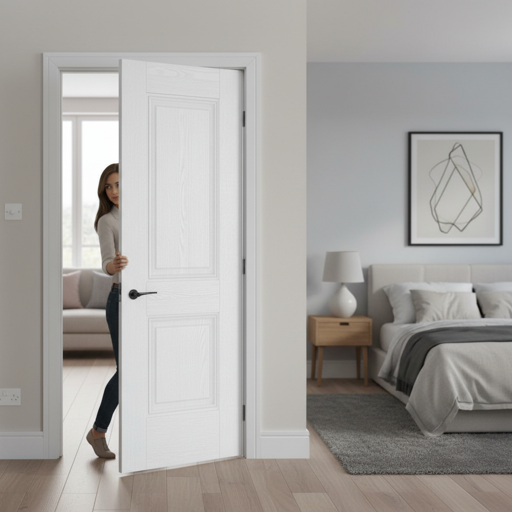 Premium Grained White Internal Door with Decorative Panels and Solid Core Construction