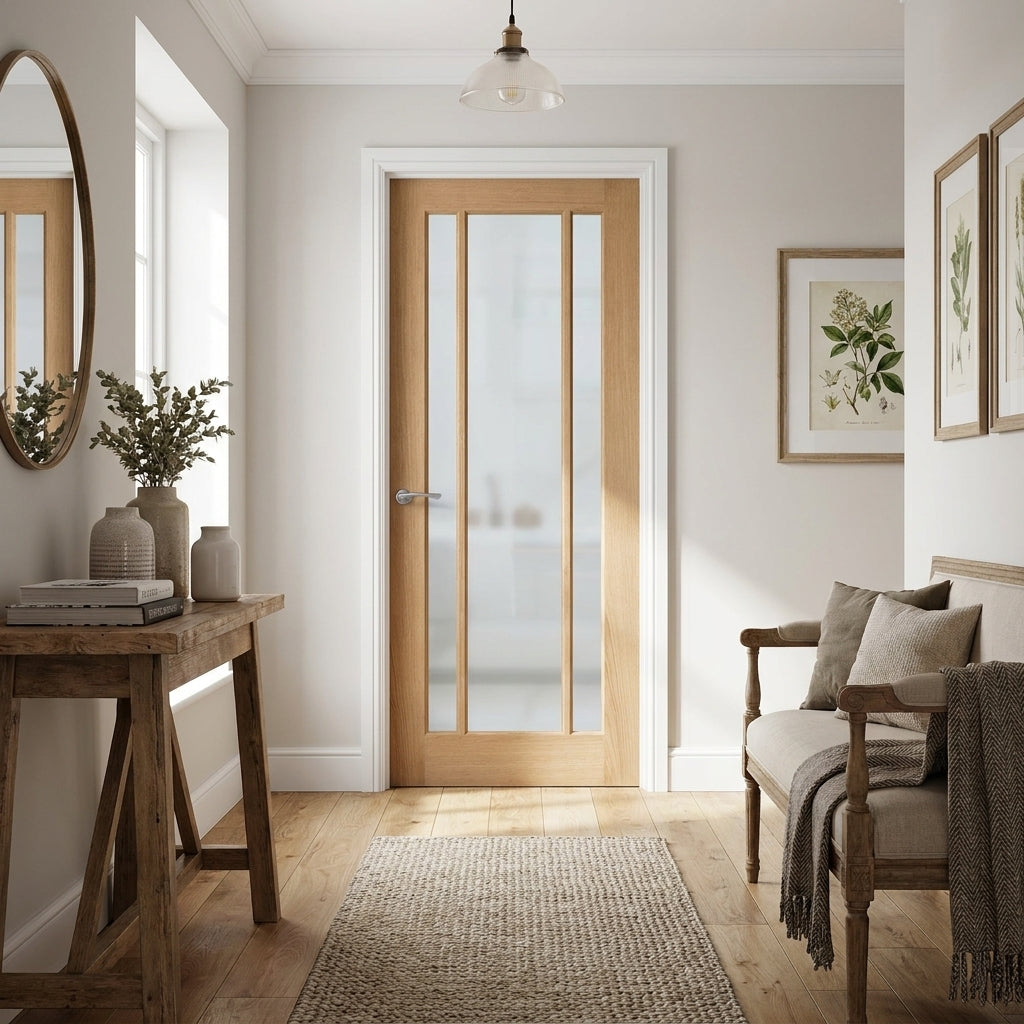 Internal Oak Door Unfinished with 3 Light Toughened Obscure Glass, Made to Measure