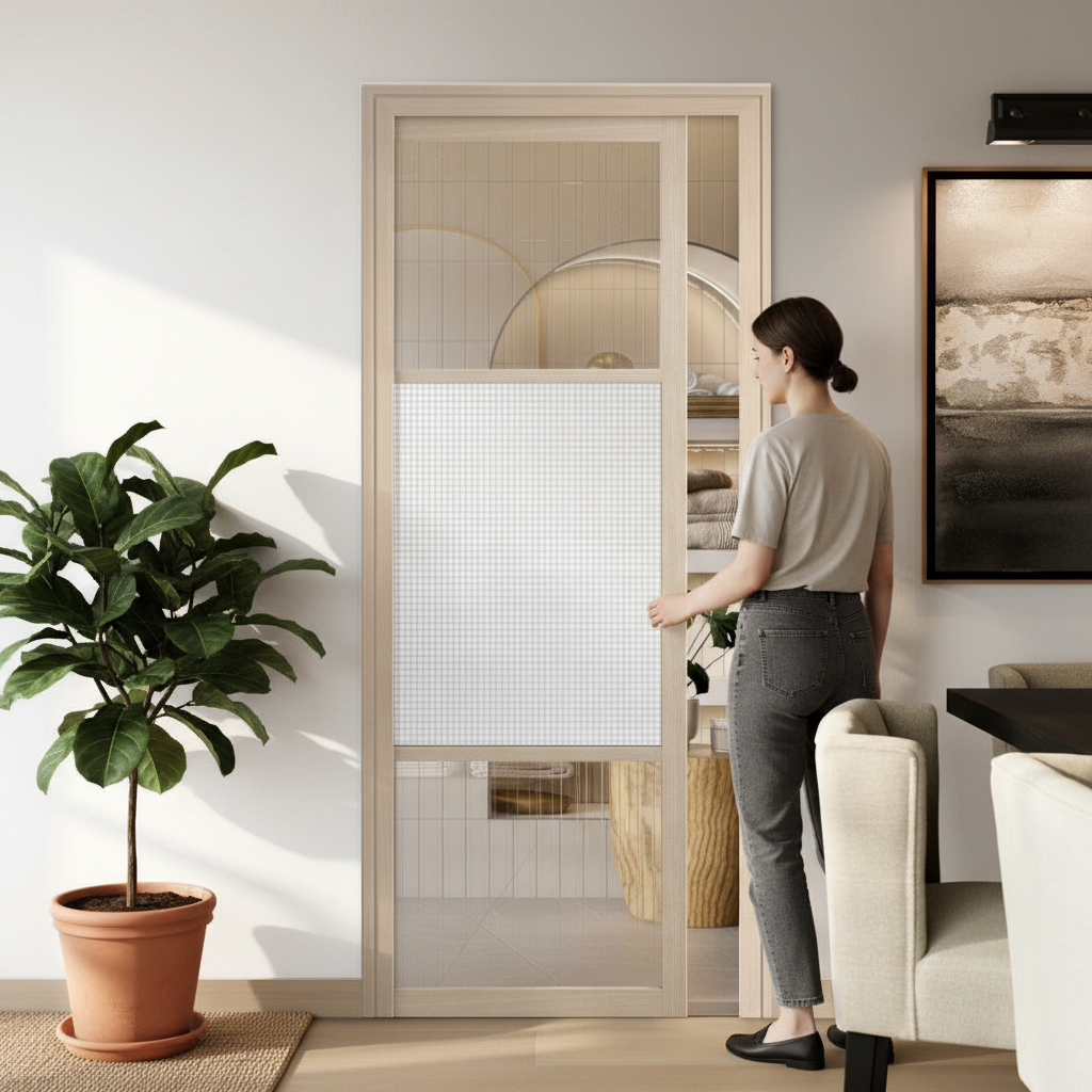 Premium Reeded Glazed Pocket Door System with Galvanised Steel Frame and Adjustable Door Jambs for Contemporary Interiors