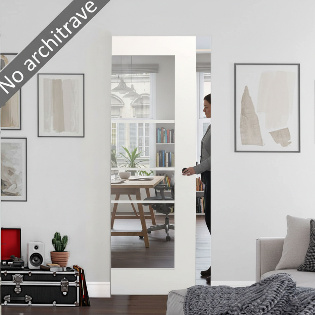 Premium White Glazed Flush Pocket Door Set with Clear Glass, No Bottom Track, and 15-Year Guarantee