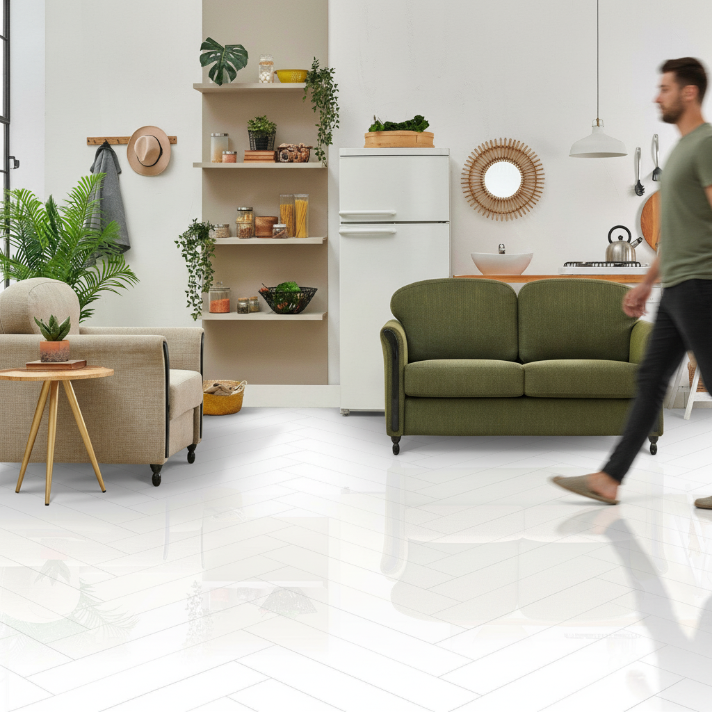 Premium 6mm High Gloss Luxury Vinyl Flooring in White Herringbone Design with Water-Resistant Features for Modern Spaces