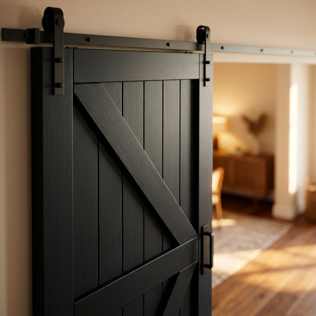 Black Internal Sliding Barn Door, Primed Finish, Z Brace, Top Mounted - detail view