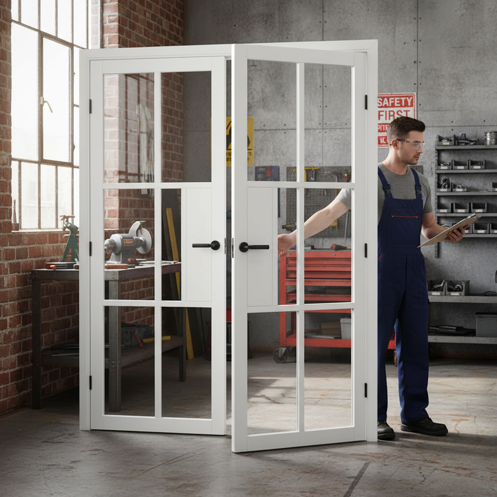 Premium Industrial Style White Glazed Door Pair with Clear Safety Glass and Minimalistic Design for Modern Interiors