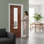 Premium Internal Fully Finished Walnut Glazed Door with Clear Etched Safety Glass and Real Aluminium Inlays for Modern Interiors