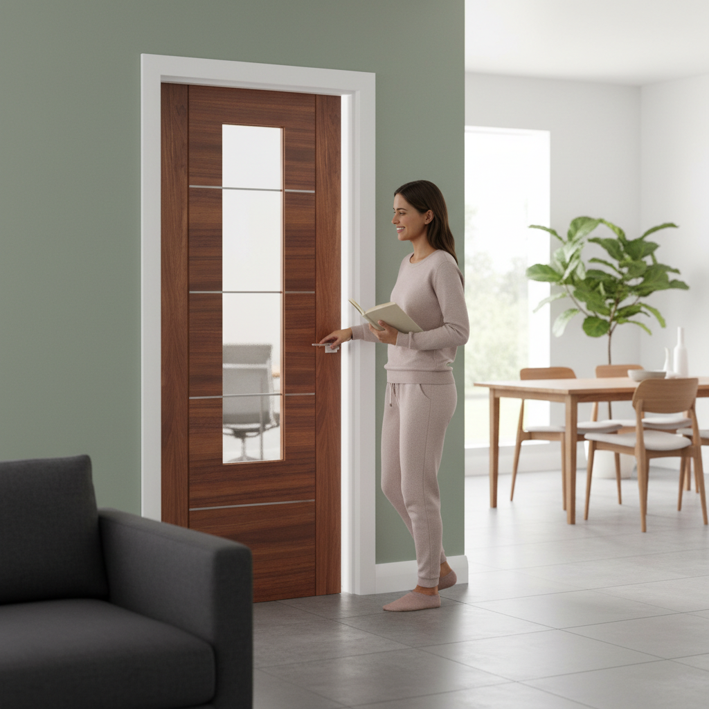 Premium Internal Fully Finished Walnut Glazed Door with Clear Etched Safety Glass and Real Aluminium Inlays for Modern Interiors