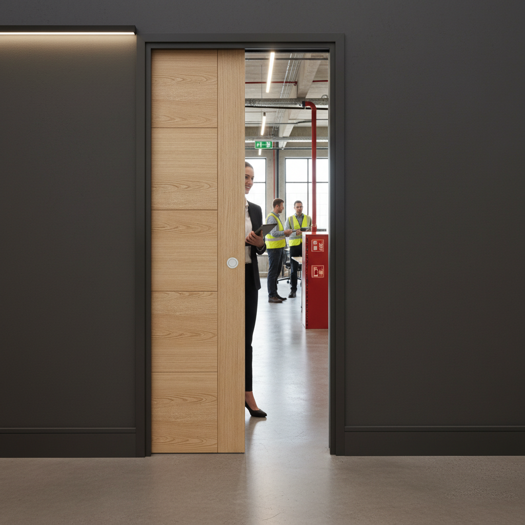 Premium Fire Rated Pocket Door System with Oak Finish, 30-Minute Rating, Adjustable Features, and Galvanized Steel Frame