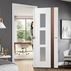 Premium White Glazed Internal Door with Vertical Walnut Insert and Clear Safety Glass Panels for Contemporary Style