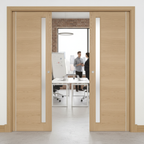 Premium Double Door Pocket Door System with Oak Panels and Galvanized Steel Frame for Seamless Interior Design