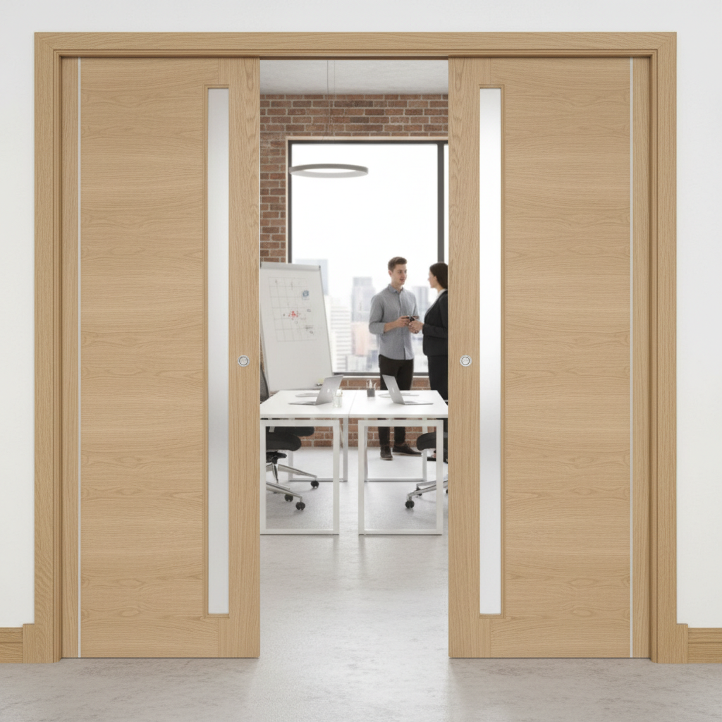 Premium Double Door Pocket Door System with Oak Panels and Galvanized Steel Frame for Seamless Interior Design