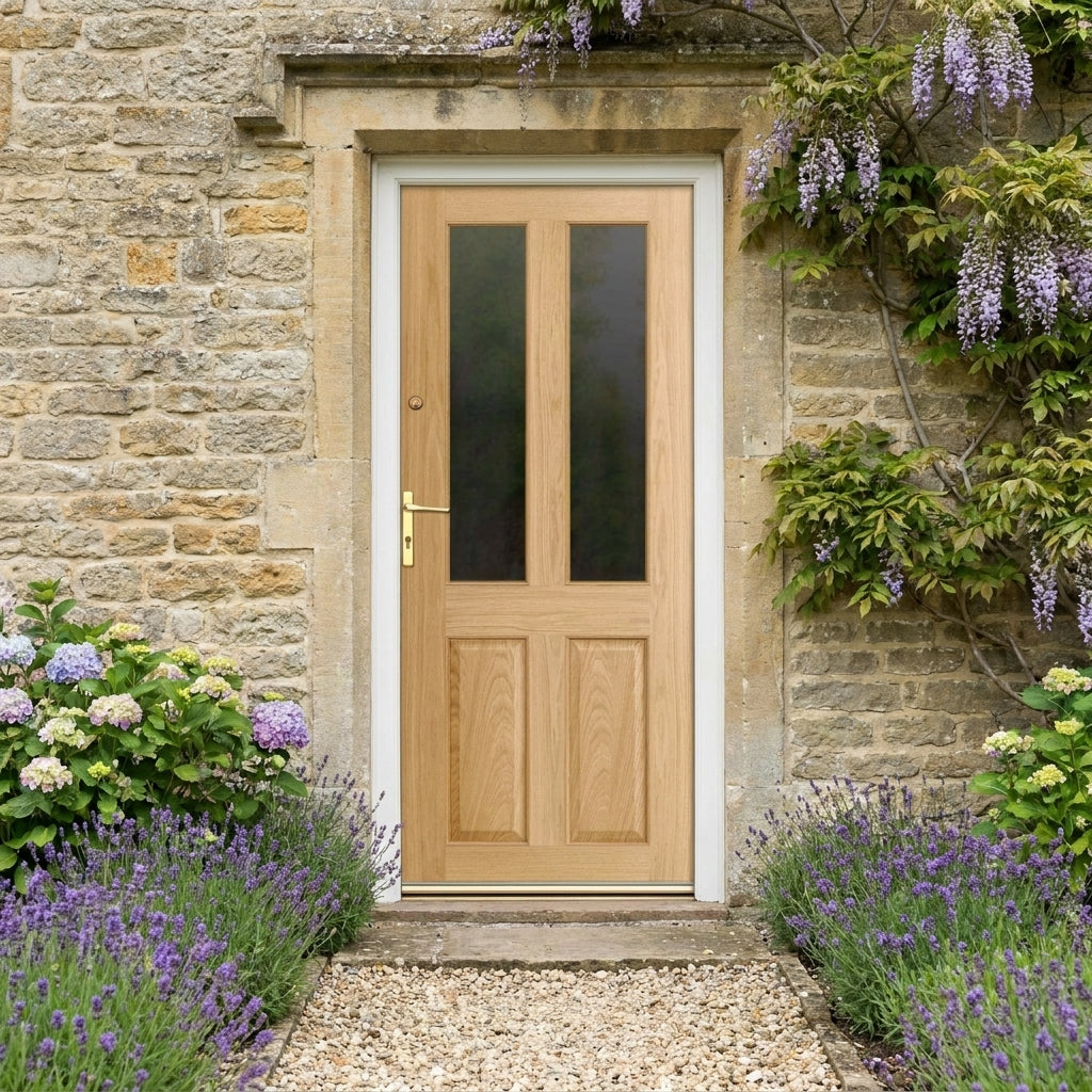 External Oak Door Unfinished 2 Panel with 2 Light Obscure Glass