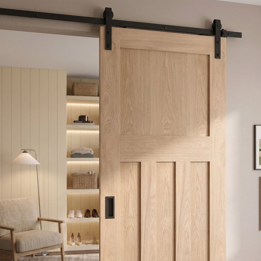 Unfinished Oak 1930's 4 Panel Internal Sliding Door with Black Face Mount - detail view