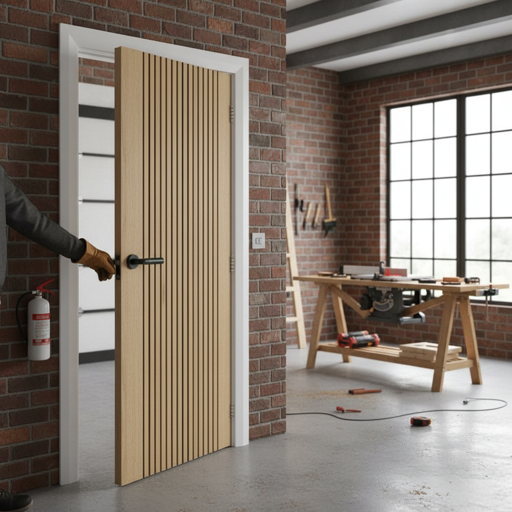 Premium Oak Slatted Fire Door with Chic Minimalistic Design and 10-Year Guarantee