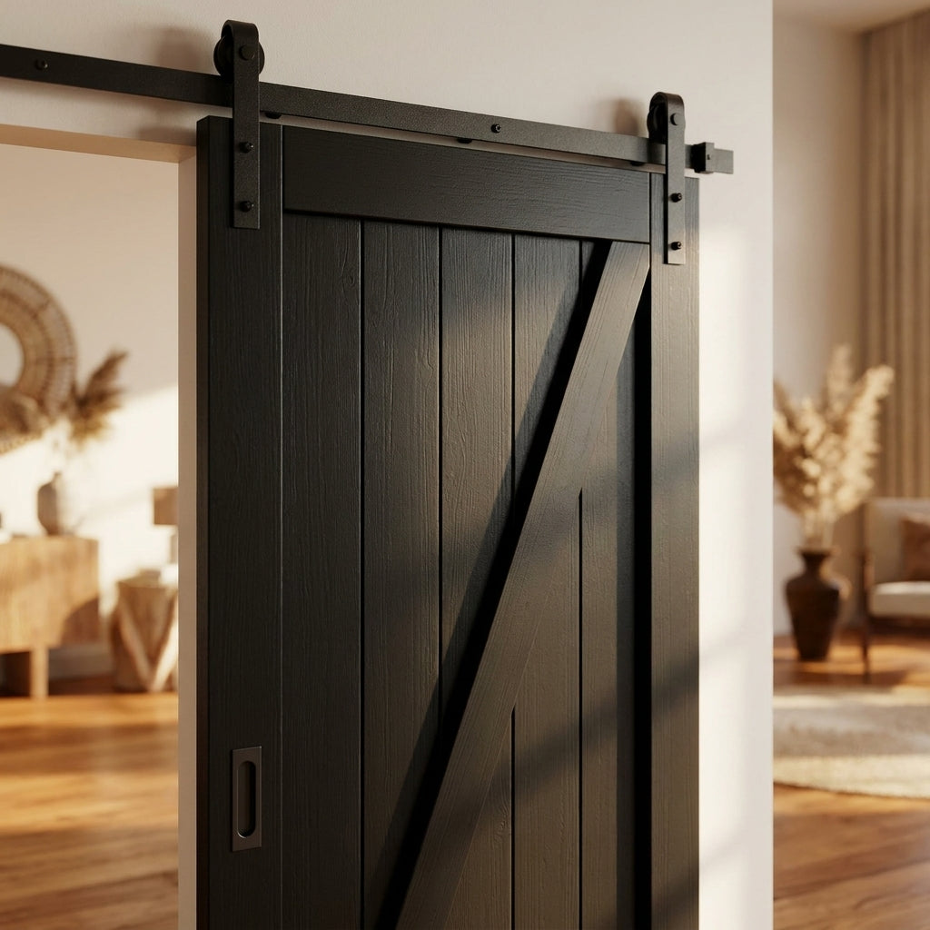 Black Internal Sliding Barn Door - 1 Panel Brace, Primed Finish - detail view