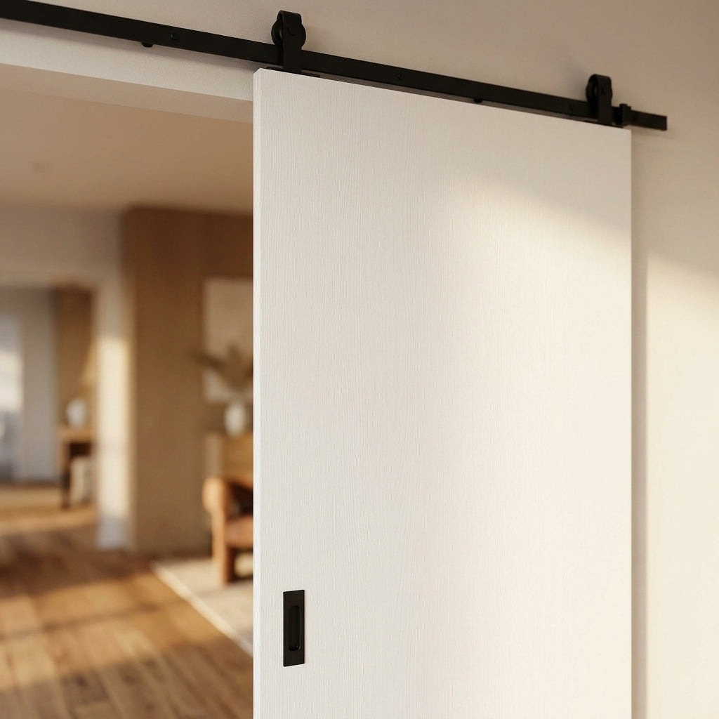 White Internal Sliding Door, Primed Finish, Flush Design, Black Top Mounted - detail view