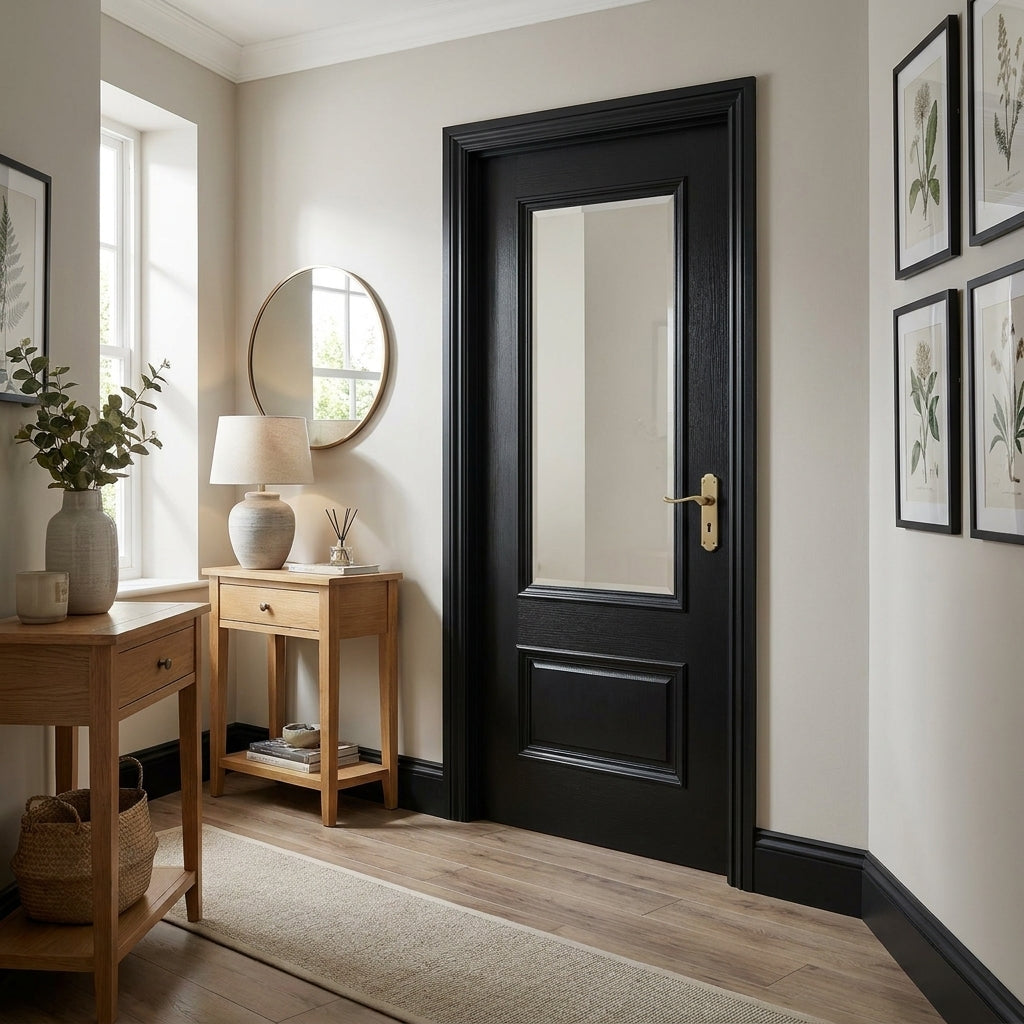 Internal Fully Finished Jet Black 2 Panel Door with Clear Glass