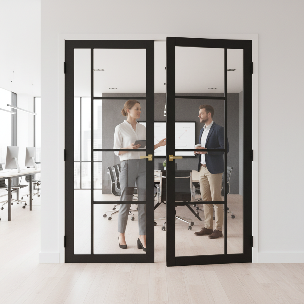 Premium Custom Made Industrial Style Door Pair with Clear Toughened Glass, Solid Core Construction, and 10-Year Warranty