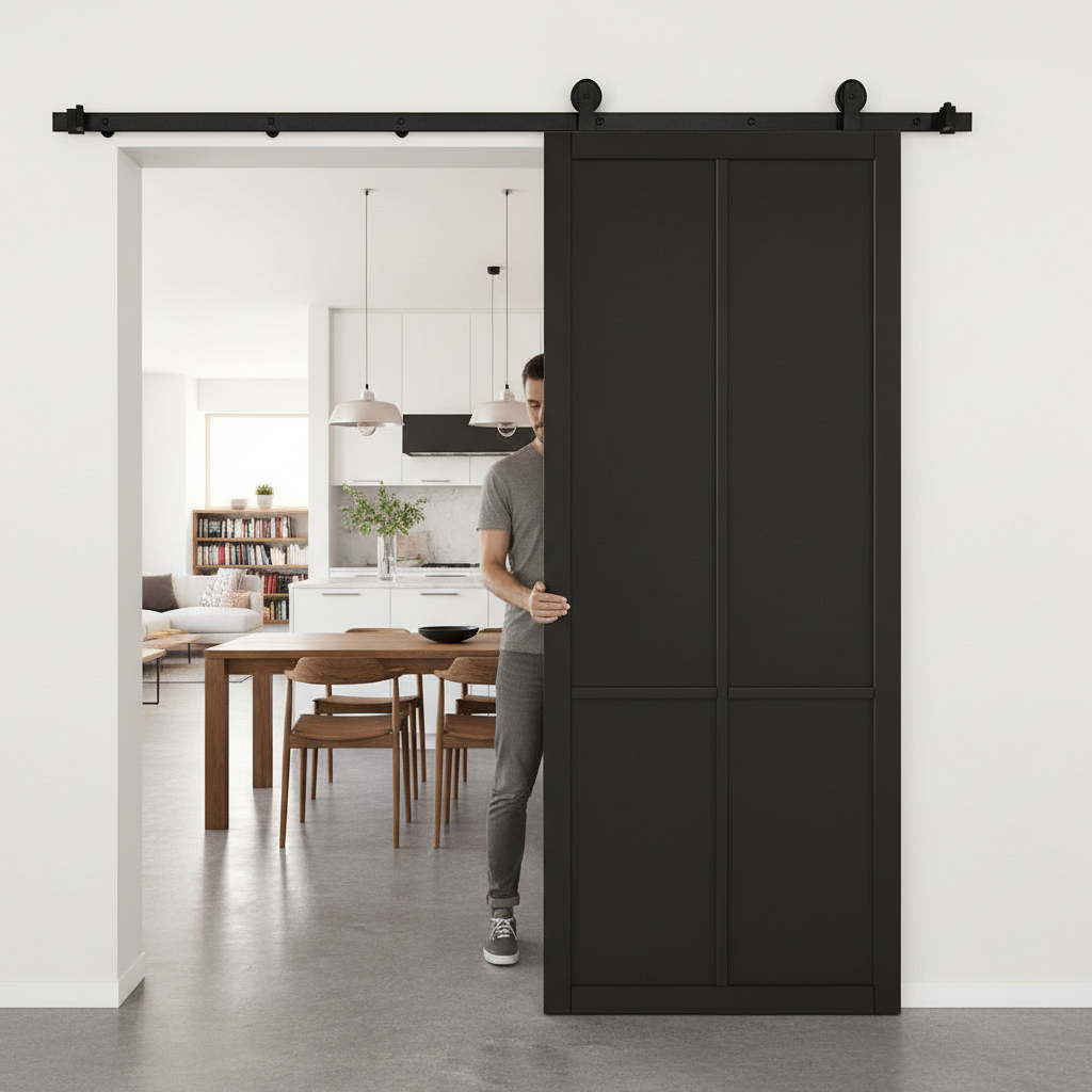 Professional Top Mount Sliding Door System with Soft Close and Black Finish for Barn Conversions and Unique Home Features