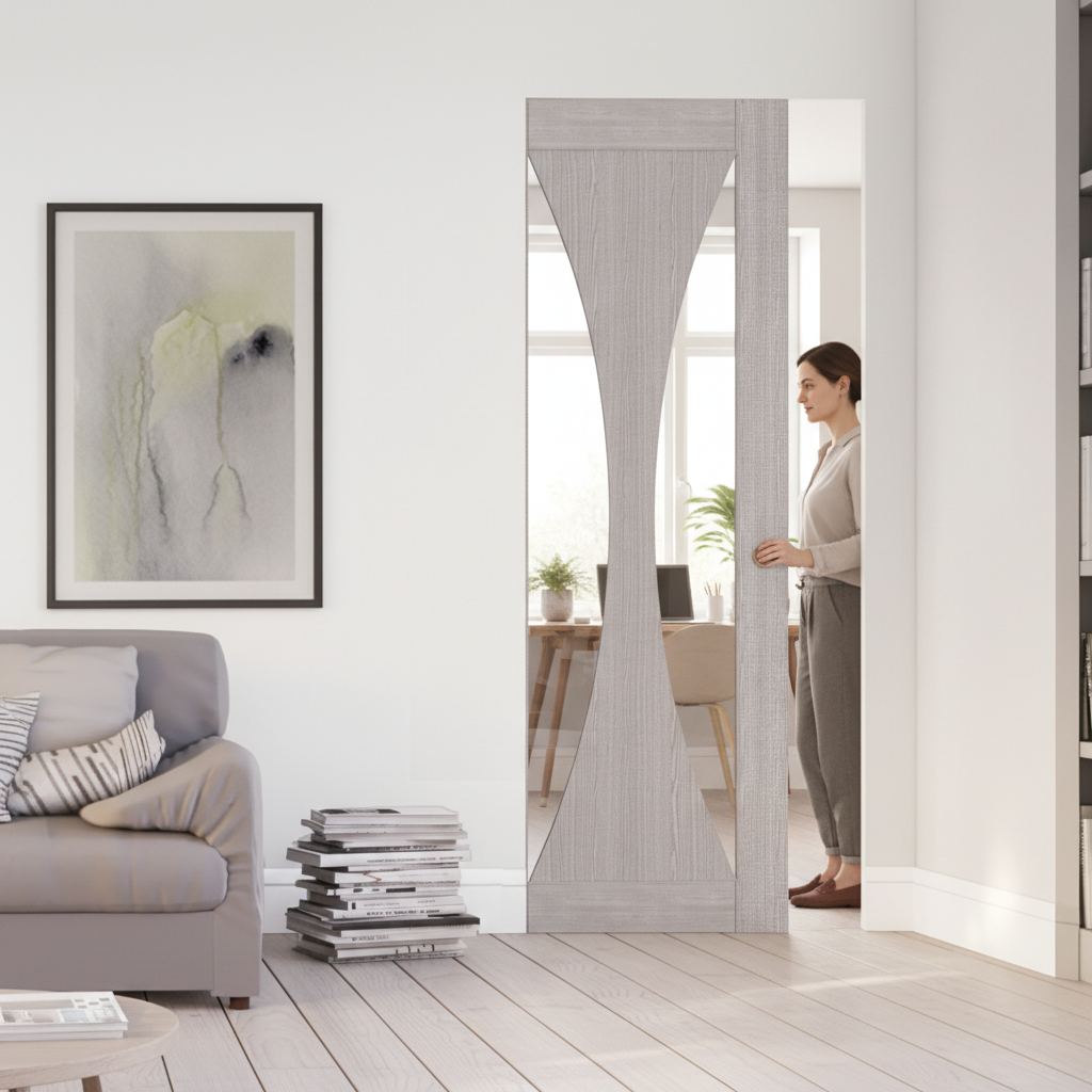 Premium Light Grey Glazed Flush Pocket Door Set with No Bottom Track and 15-Year Guarantee