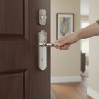 Lever on Backplate Door Handle Set - Polished Chrome with Stainless Steel Latch and Matching Hinges - Image 2