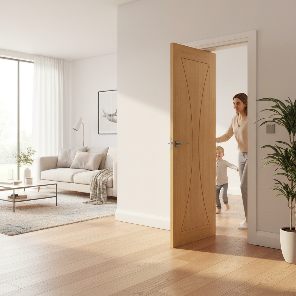 Premium Internal Fully Finished Oak Door with Solid Core and Deep Curved Inlays for Contemporary Interiors