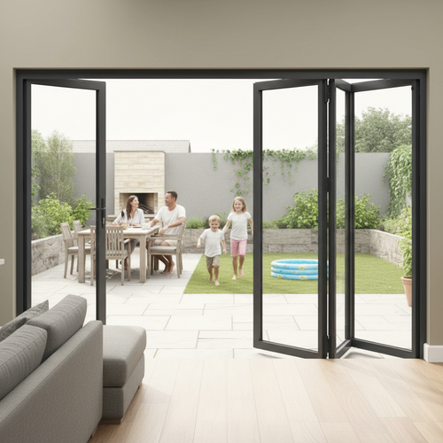 Premium 12ft Slimline Grey Aluminium Bifold Doors with Double Glazed Low-E Glass and Enhanced Security Features