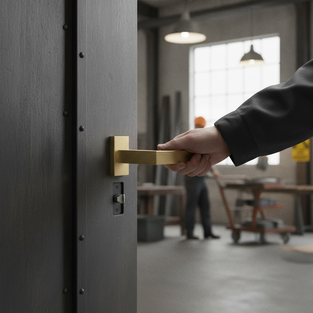 Premium Industrial Square Lever Door Handle Set in Satin Brass with Magnetic Device for Modern Doors - Image 2