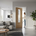 Premium Internal Oak Door with Clear Glazed Etched Glass and Aluminium Inlays for Modern Interiors