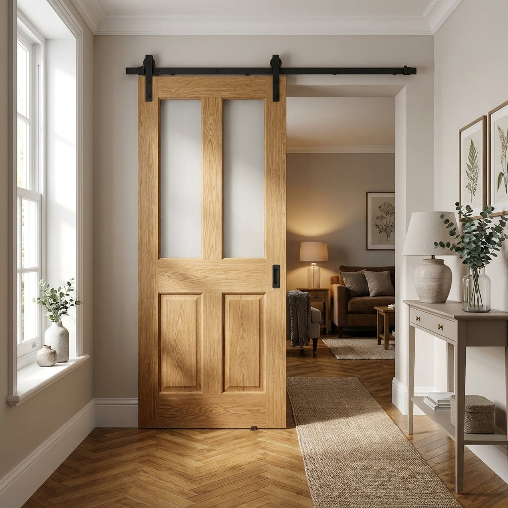 Oak Internal Sliding Door Unfinished Traditional 2 Panel 2 Light Clear Bevelled Glass